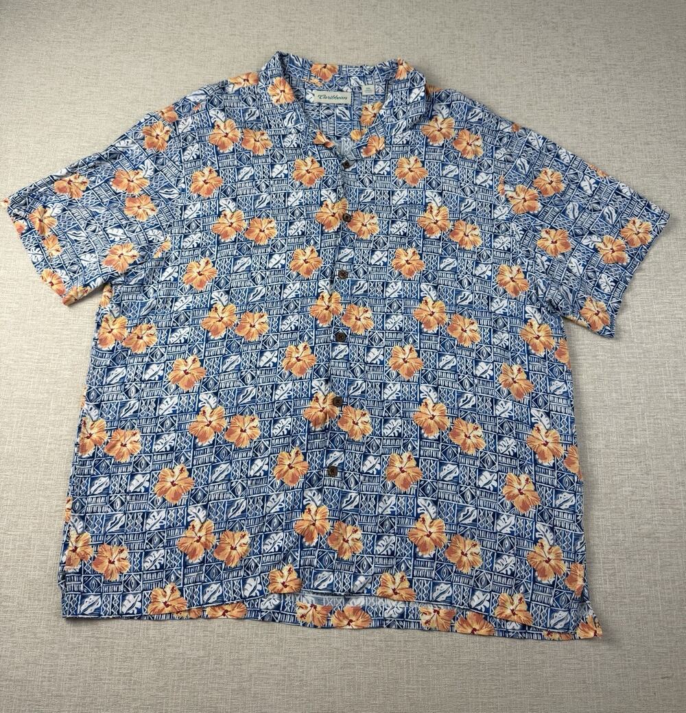 Caribbean Hawaiian Camp Shirt Mens 2XL Blue Orange Hibiscus Floral Aloha